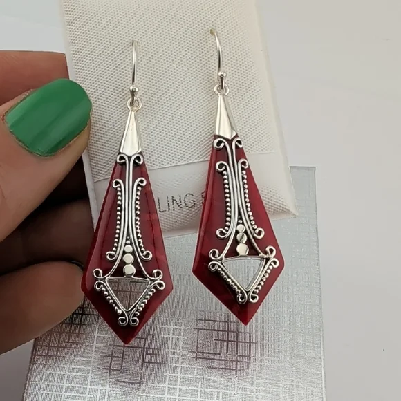 Coral And Sterling Silver Filigree Dangle Drop Earrings - Picture 2 of 6